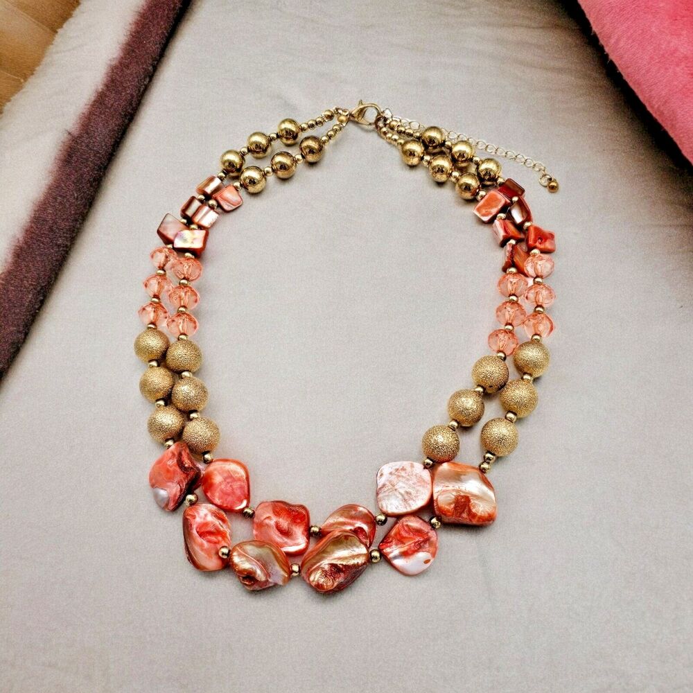 Mother Of Pearl Necklace Coral Double Strand Gold Tone Colorful Statement